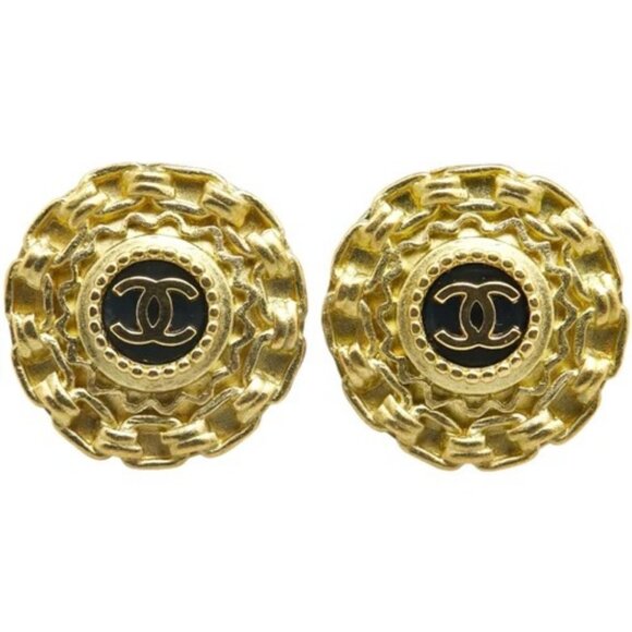 CHANEL CC Logos Black Round Chain Clip-On Earrings Gold Tone 95P Auth w/Box - Picture 1 of 6